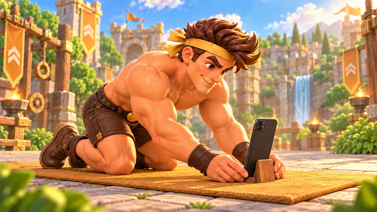 The hero places his iPhone on a stand in front of his mat before a set of push-ups