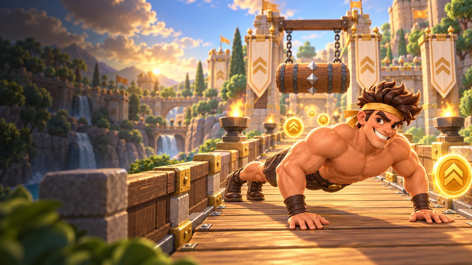 The hero does a push-up on the bridge, under a hanging barrel, next to a coin