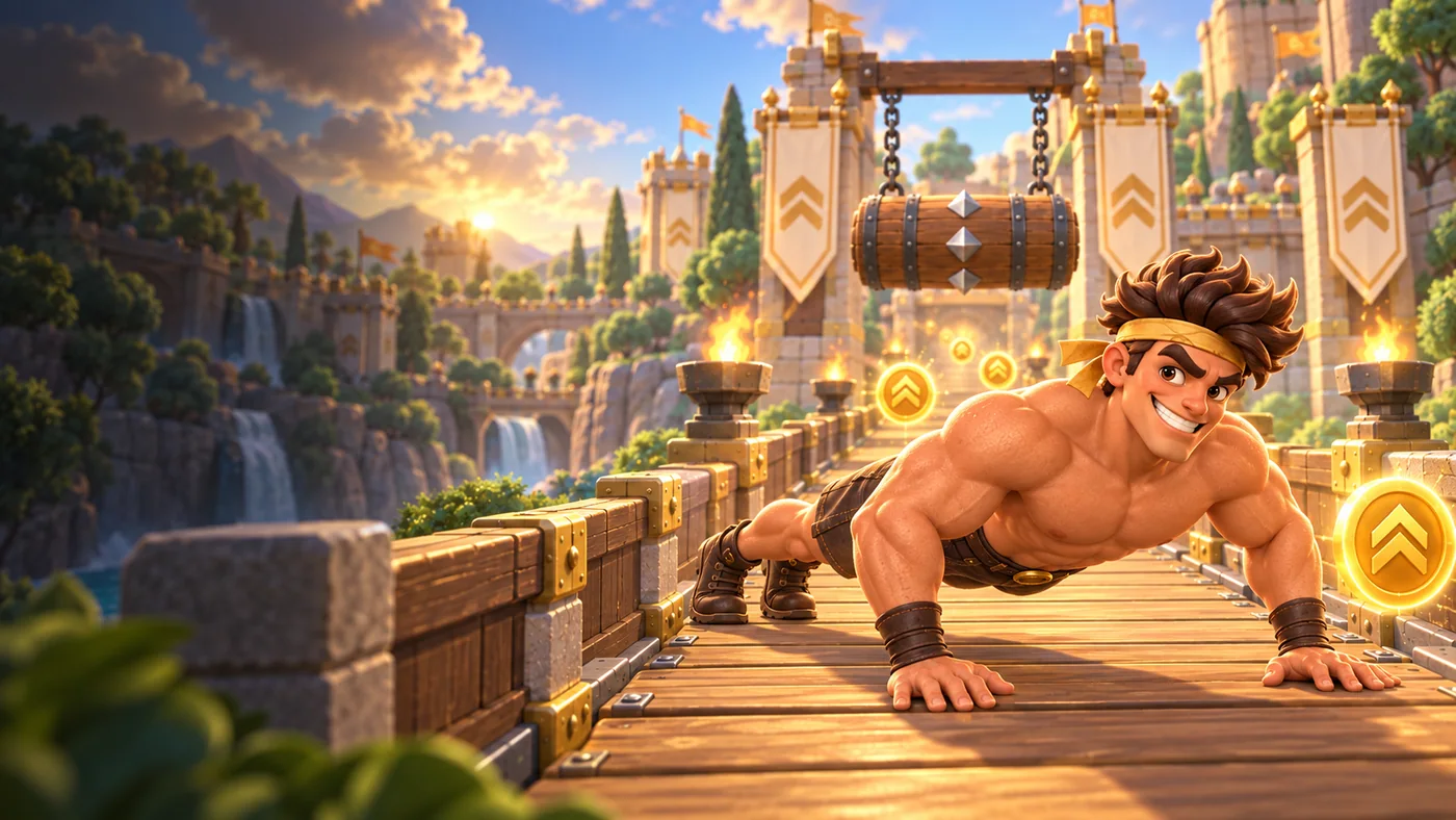 REP RUSH illustration: the hero does a push-up on a bridge near a hanging barrel and gold coins